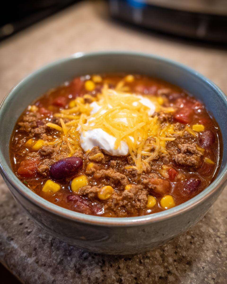 Nahaufnahme einer dampfenden Schüssel Taco-Suppe, belegt mit Hackfleisch, Bohnen, Mais, Sauerrahm und geriebenem Käse.