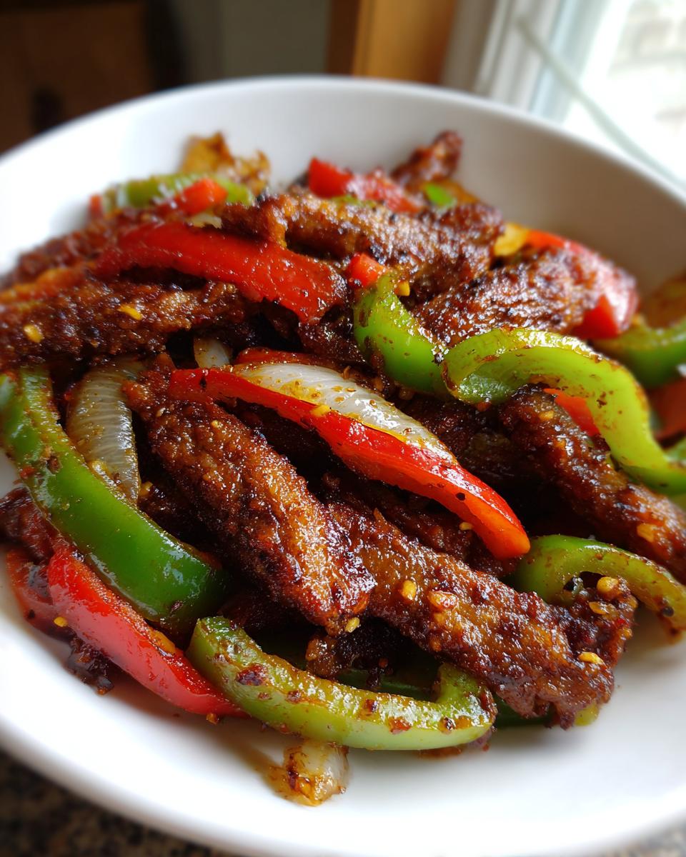 Nahaufnahme von scharfem Teufelsfleisch mit Streifen von roten und grünen Paprika und Zwiebeln in einer weißen Schüssel.