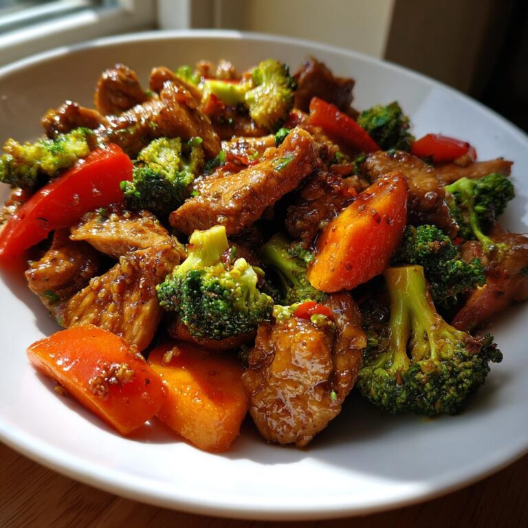 Nahaufnahme einer herzhaften Fleischpfanne mit Brokkoli, Karotten und Paprika, die zeigt, warum man das könnte ich jede Woche essen.