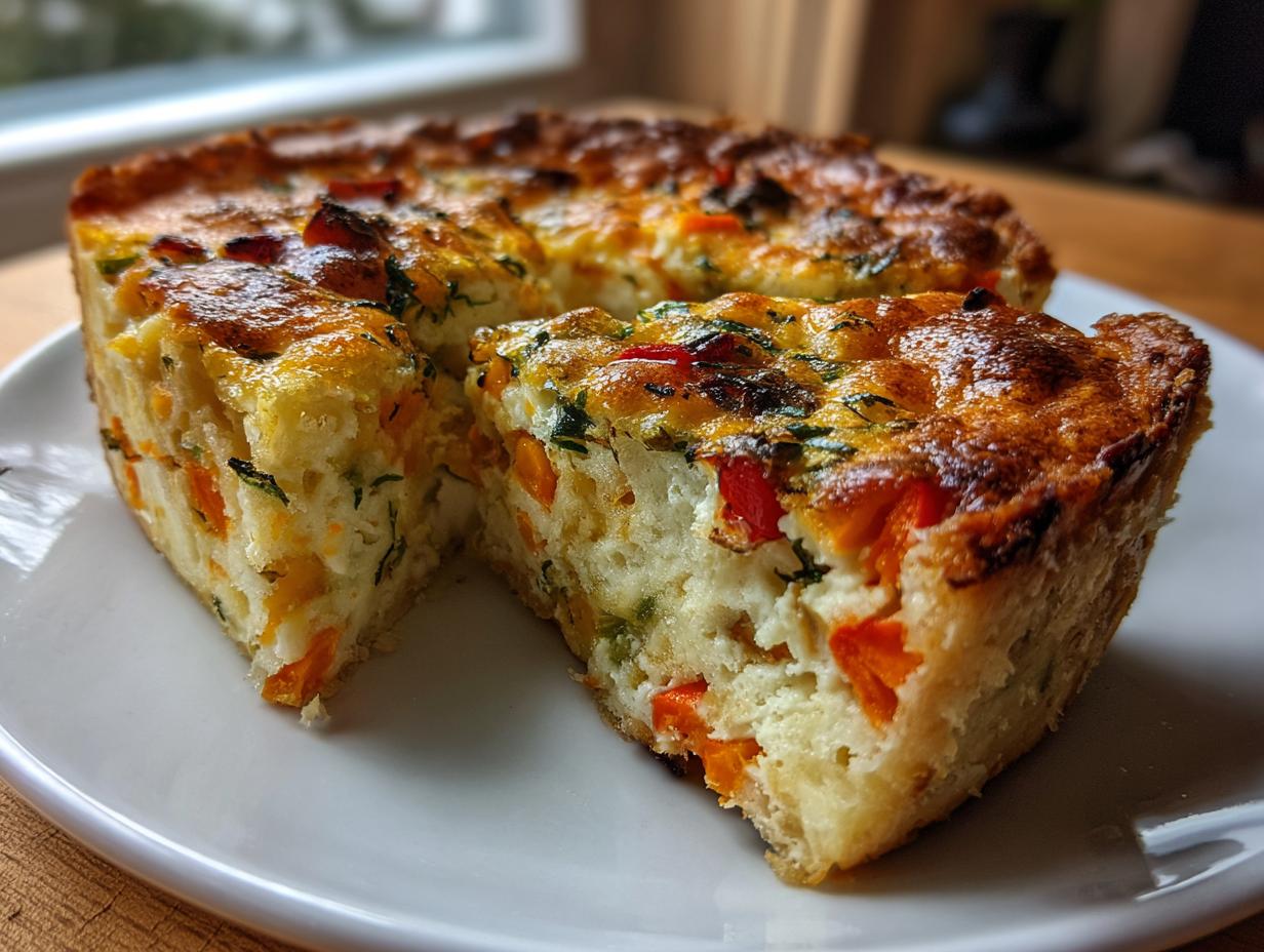 Zwei Stücke einer gebackenen Schnelle Gemüse-Quiche auf einem weißen Teller, mit sichtbaren Karotten- und Paprikastücken.