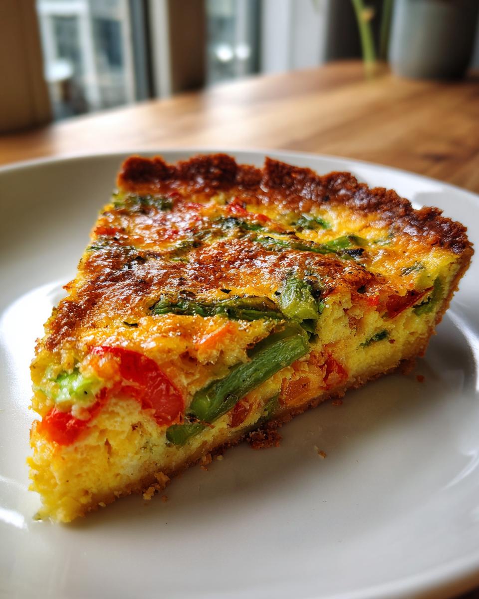 Nahaufnahme eines Stücks Schnelle Gemüse-Quiche mit sichtbaren grünen Bohnen und roten Paprikastücken auf einem weißen Teller.