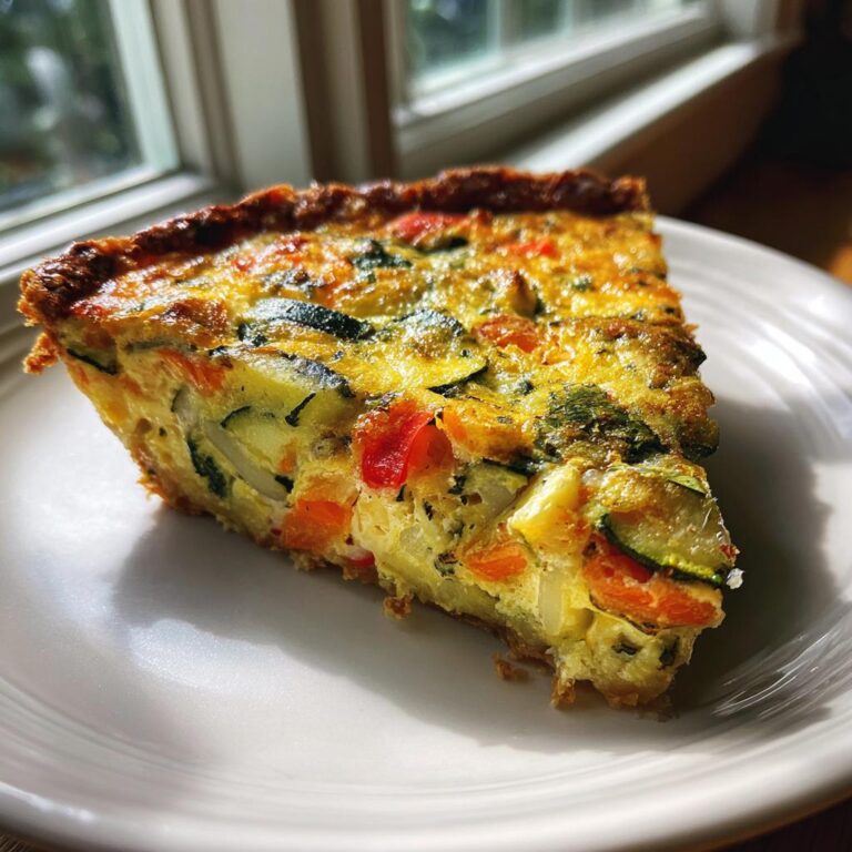 Ein appetitliches Stück Schnelle Gemüse-Quiche mit sichtbaren Zucchini- und Paprikastücken auf einem weißen Teller.