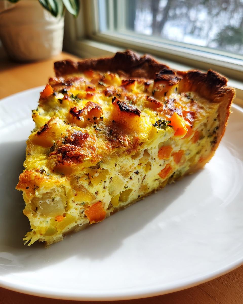 Ein großes Stück Schnelle Gemüse-Quiche mit sichtbaren Karotten- und Kartoffelstücken auf einem weißen Teller.