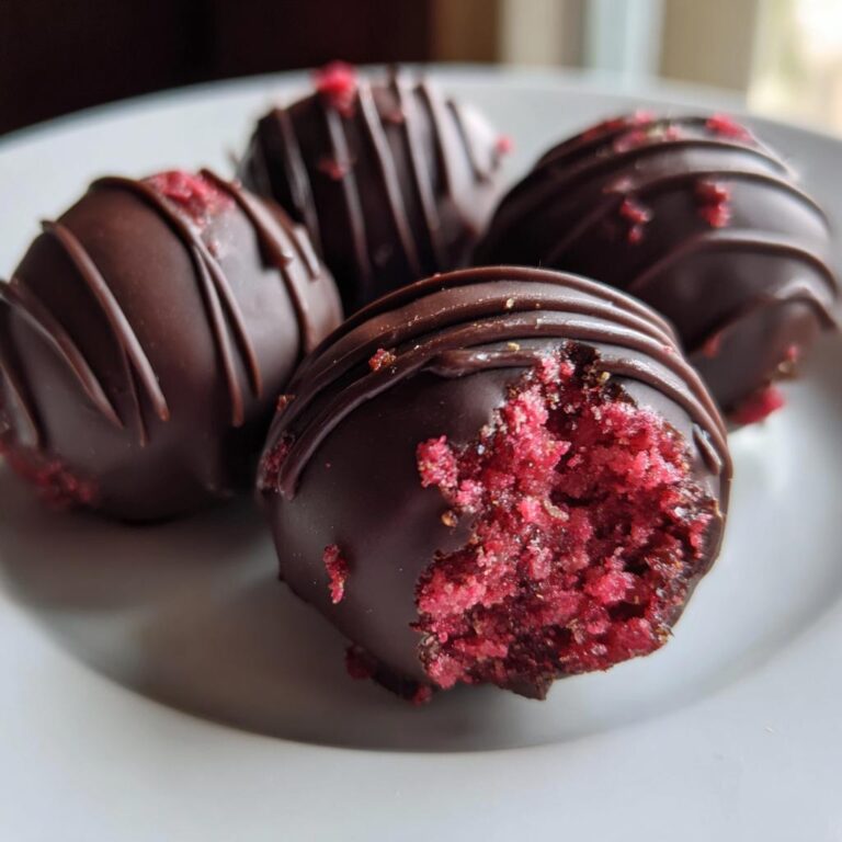 Vier Schokoladenpralinen, eine davon angebissen, zeigt das leuchtend rote Innere der Schnelle Himbeer-Pralinen.