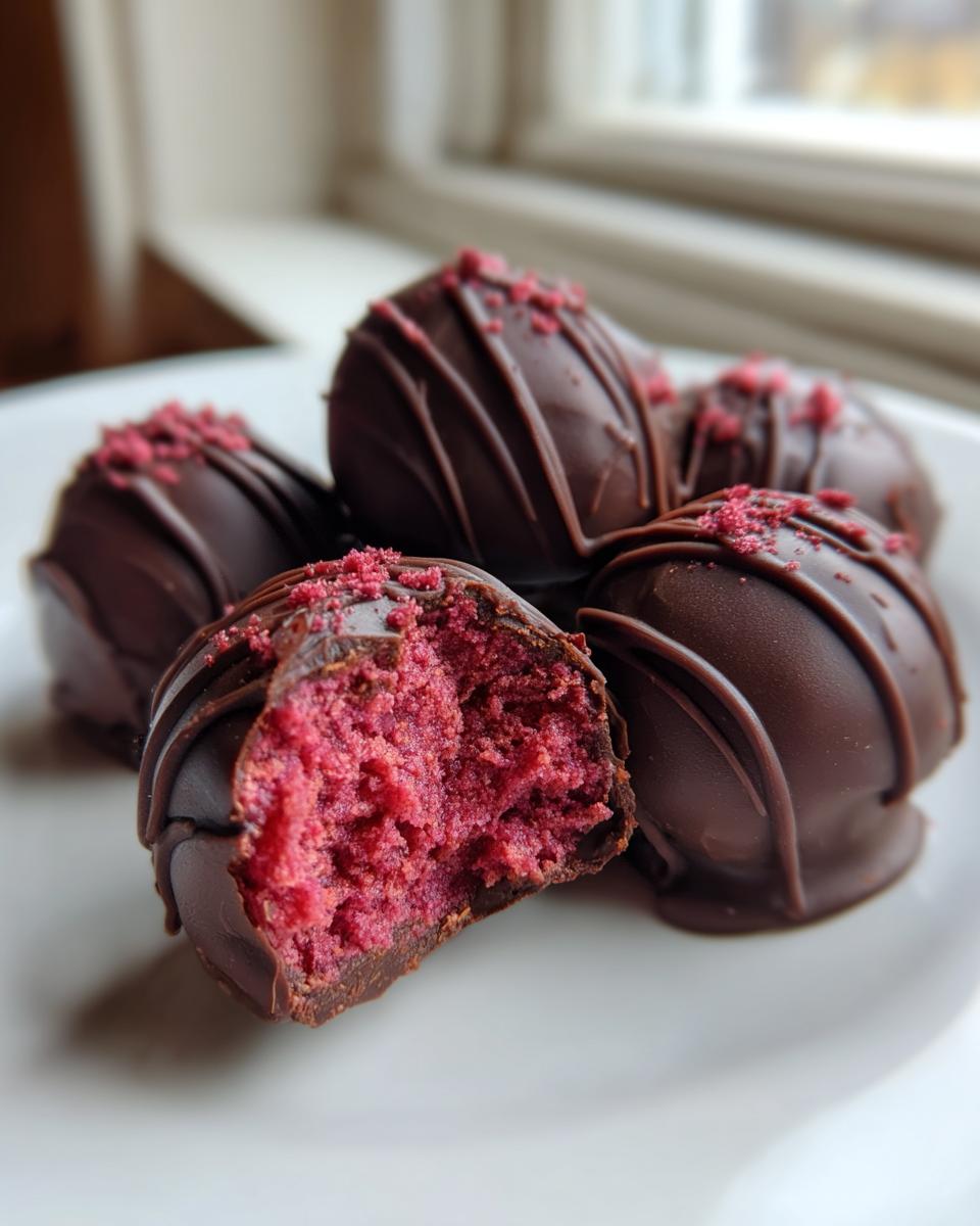 Nahaufnahme von Schnelle Himbeer-Pralinen, eine davon angebissen, die das leuchtend rote Innere zeigt.