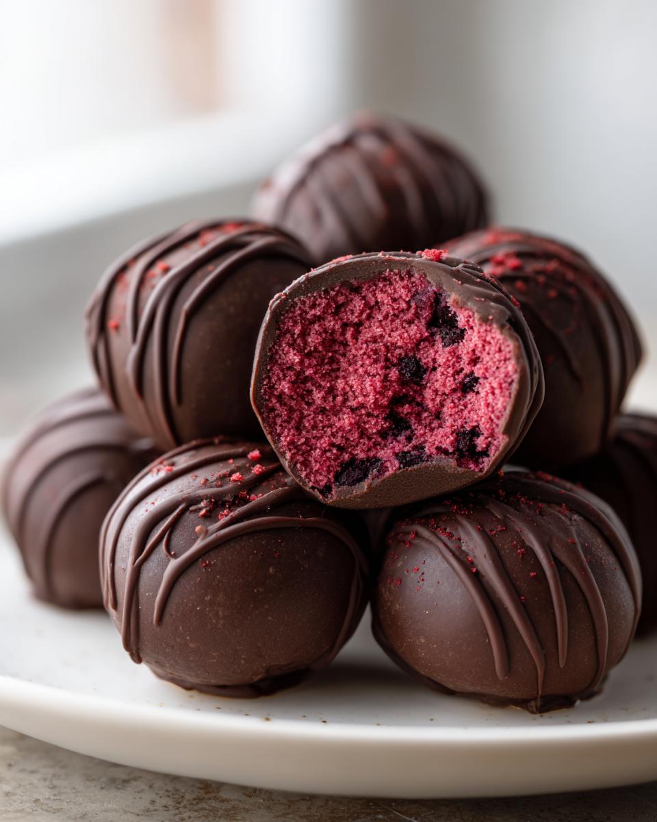 Nahaufnahme von gestapelten Schnelle Himbeer-Pralinen, eine davon angeschnitten und das leuchtend rote Himbeerinnere zeigend.