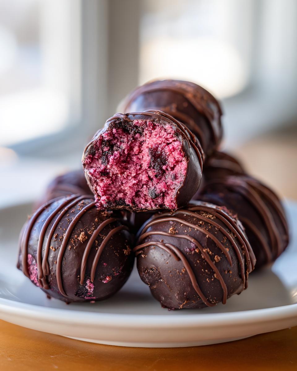 Nahaufnahme von gestapelten Schnelle Himbeer-Pralinen, eine davon angebissen, die das leuchtend rosa Himbeerinnere zeigt.