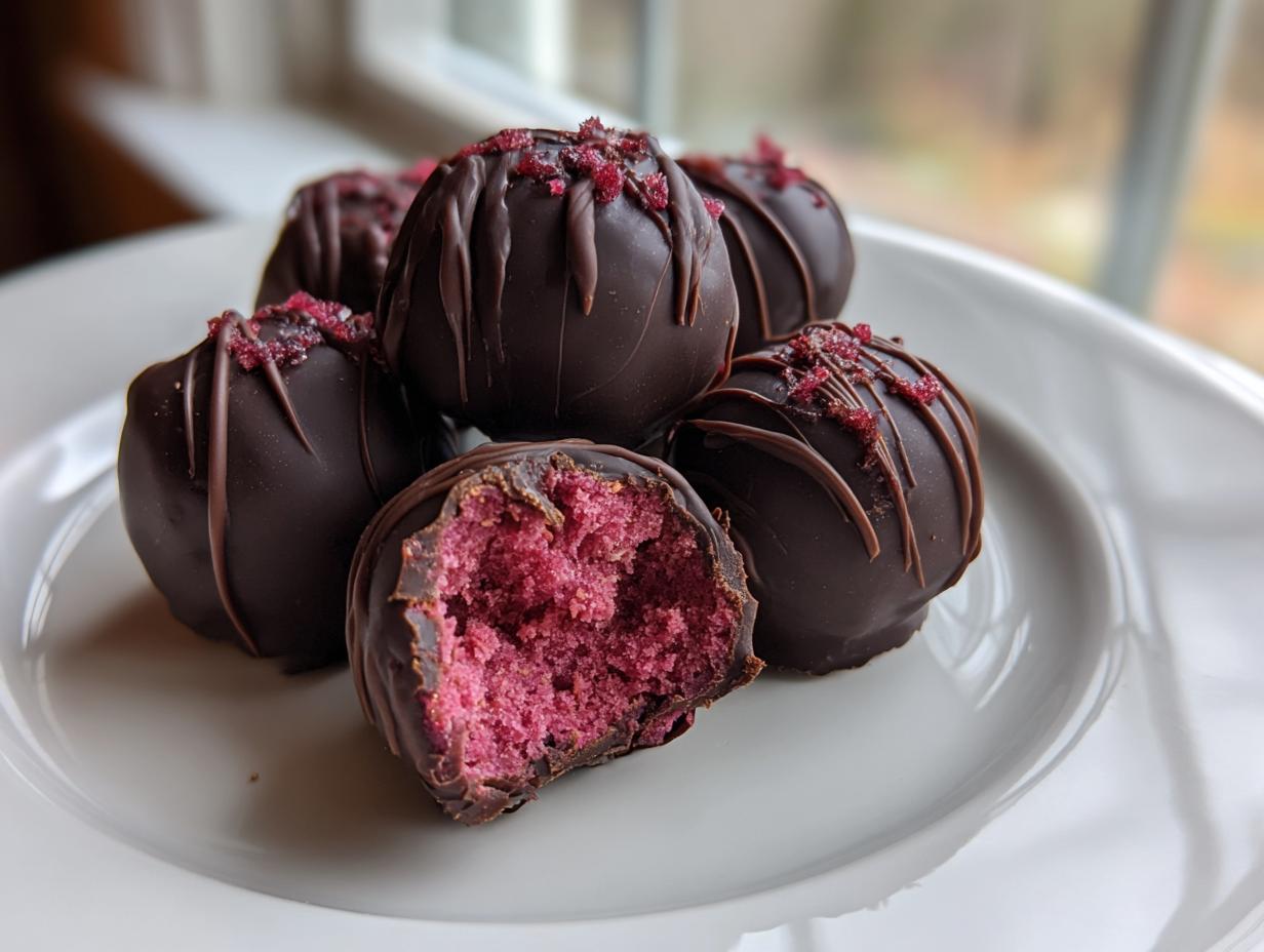 Fünf dunkle Schokoladenpralinen, eine davon angebissen, um das leuchtend rosa Innere der Schnelle Himbeer-Pralinen zu zeigen.