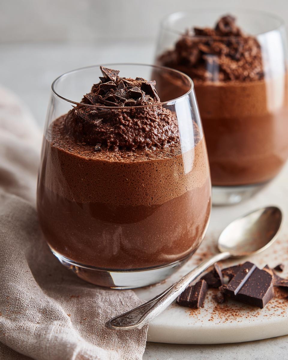 Zwei Gläser dunkle Schokoladenmousse, ideal für Valentinstagsrezepte für Verliebte, garniert mit Schokostückchen.