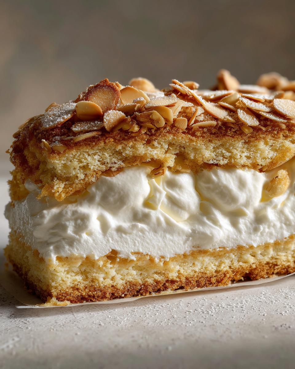 Nahaufnahme eines Stücks Schneller Bienenstich Rezept mit dicker Sahnefüllung und Mandelhaube.