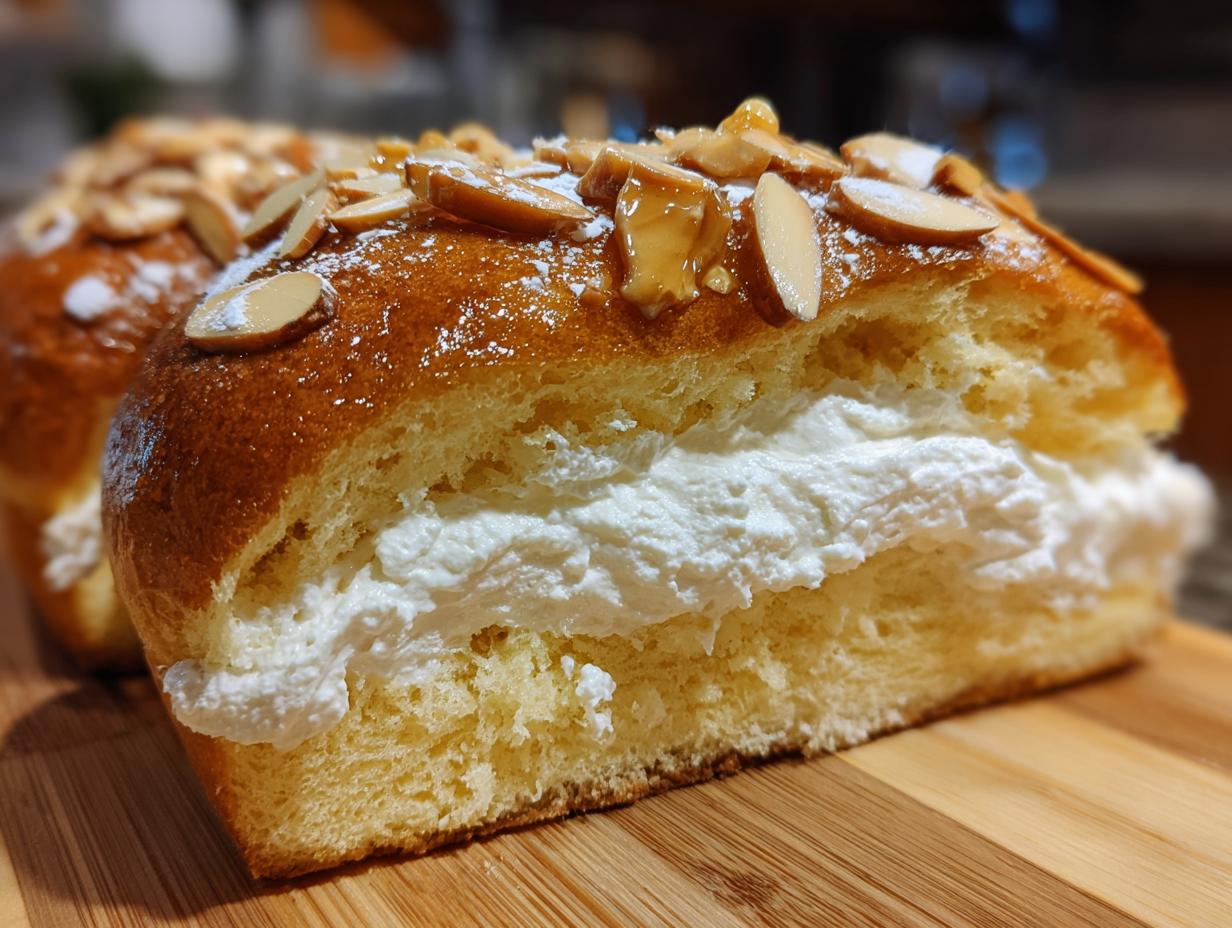 Nahaufnahme eines aufgeschnittenen Stücks Bienenstich, gefüllt mit weißer Sahne und garniert mit Mandeln und Puderzucker.