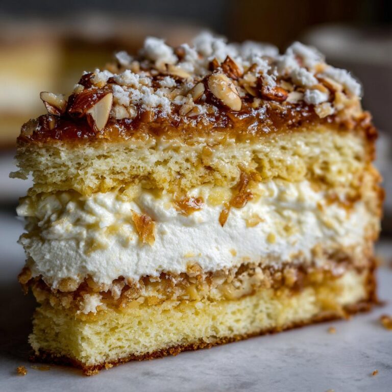 Nahaufnahme eines Stücks Schneller Bienenstich Rezept mit Schichten aus hellem Kuchen, weißer Sahne und karamellisierten Mandeln.