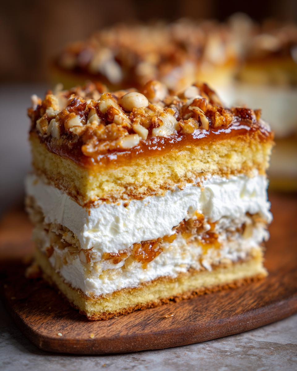 Nahaufnahme eines Stücks Schneller Bienenstich Rezept mit Biskuitboden, Sahne und karamellisierten Nüssen.