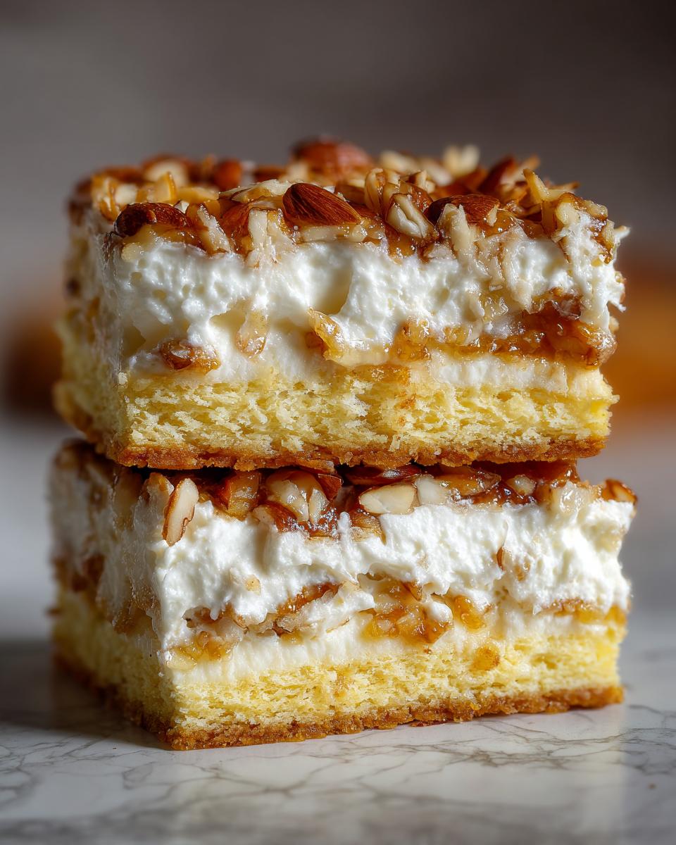 Zwei gestapelte Stücke des Schneller Bienenstich Rezept mit cremigem Belag und Mandelkruste.