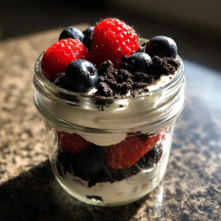 Nahaufnahme eines Beeren Schichtdessert im Glas mit Sahne, dunklen Krümeln und frischen Himbeeren und Blaubeeren.