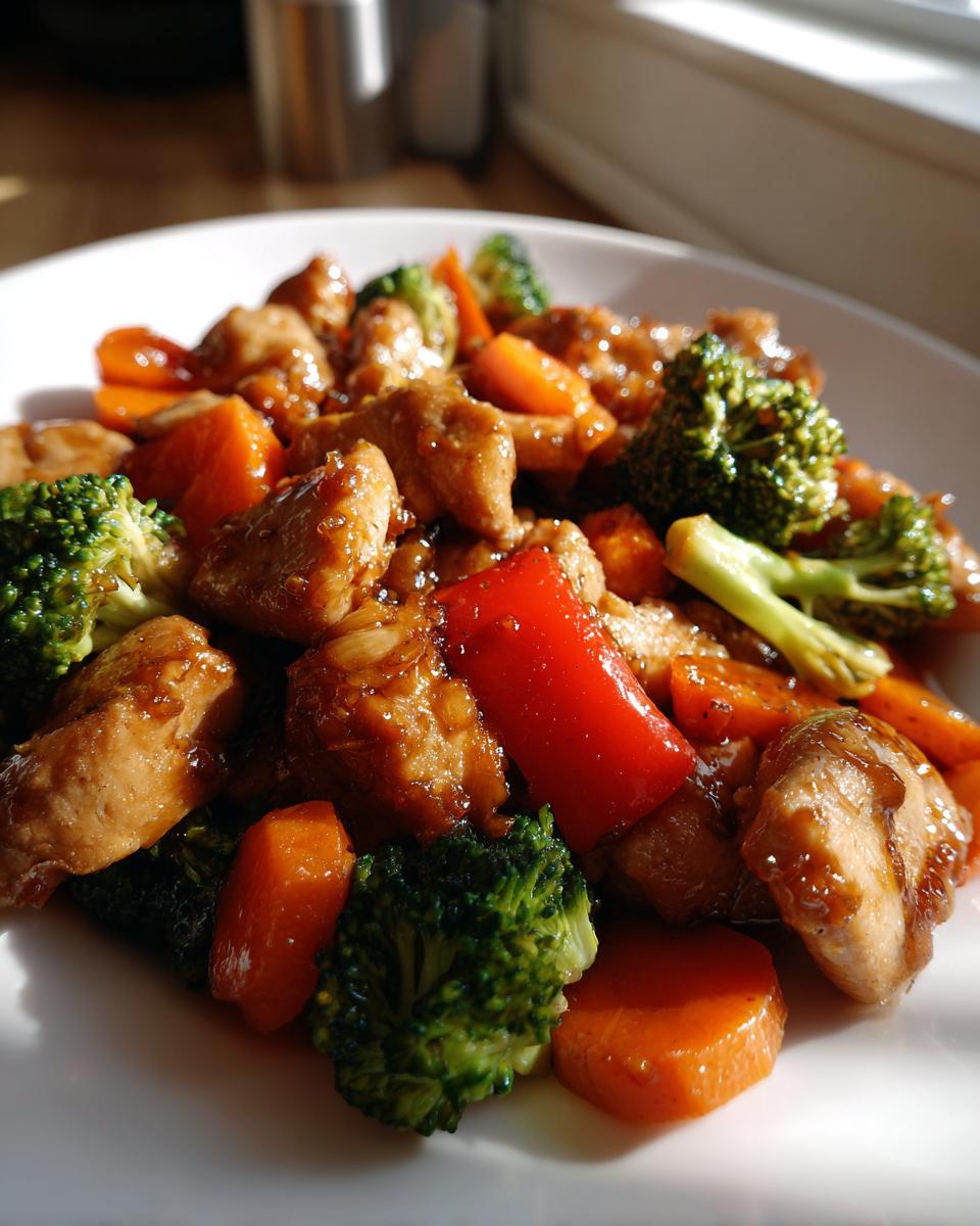 Nahaufnahme von Hähnchenstücken mit Brokkoli, Karotten und Paprika in einer glänzenden Soße, das Gericht, das man jede Woche essen könnte.