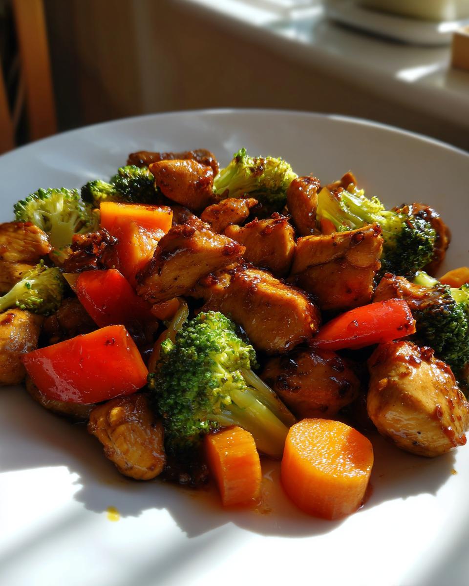 Gebratenes Hähnchen mit Brokkoli, Karotten und Paprika, ein Gericht, das man Das konnte ich jede Woche essen.