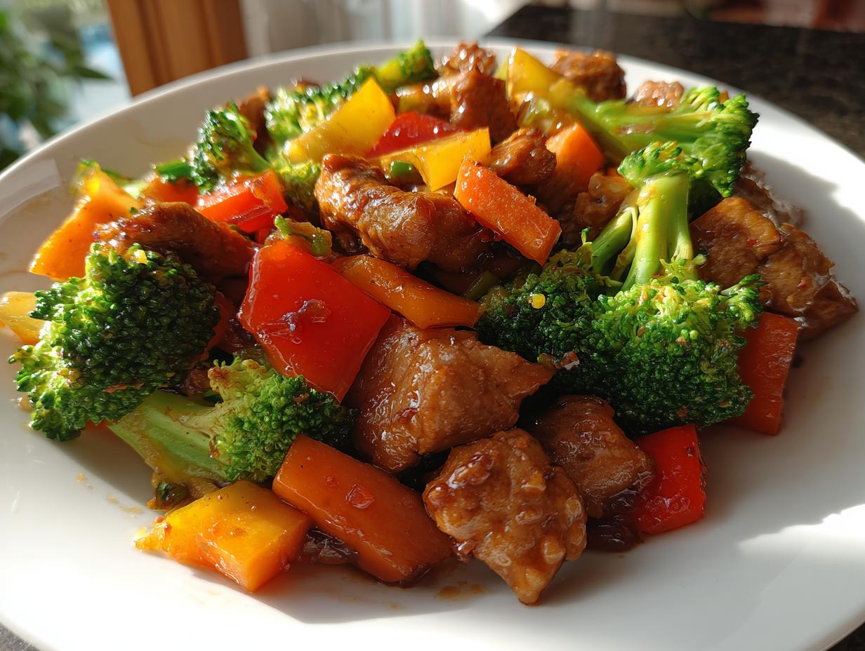 Nahaufnahme eines schnellen Gerichts mit Fleischstücken, Brokkoli, Karotten und Paprika, das zeigt, warum man es jede Woche essen könnte.