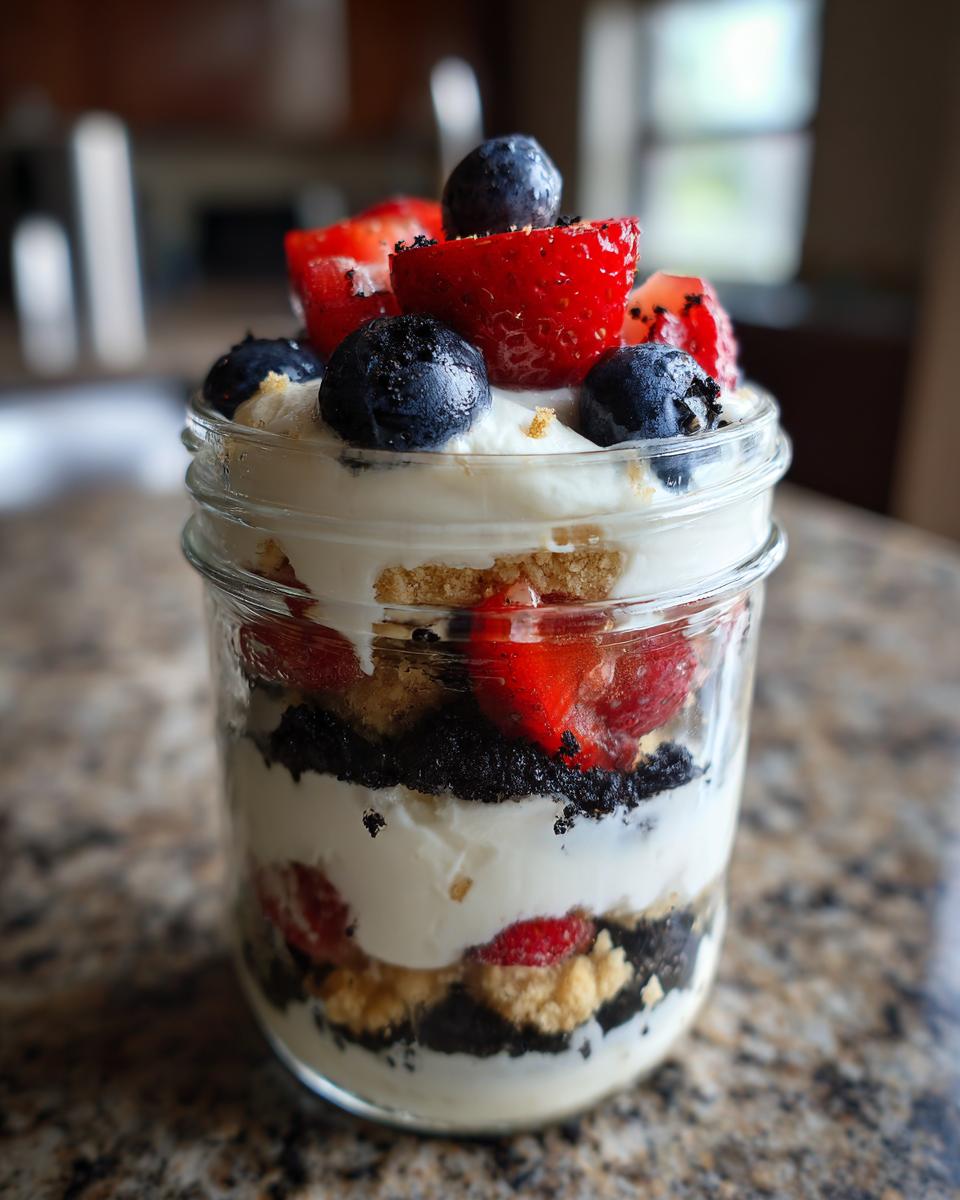 Nahaufnahme eines schnellen Schichtdessert im Glas mit Sahne, dunklen Krümeln und frischen Erdbeeren und Blaubeeren.