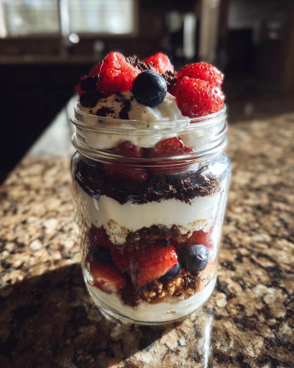 Nahaufnahme eines schnellen Schichtdessert im Glas mit Schichten aus Creme, dunklem Keksboden und frischen Erdbeeren und Blaubeeren.