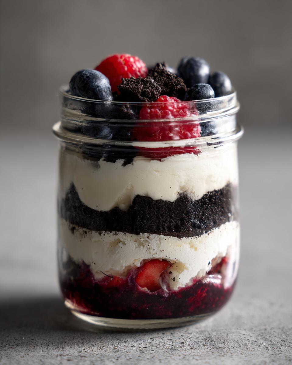 Nahaufnahme eines köstlichen Schichtdessert im Glas mit Creme, dunklen Keksstücken und frischen Beeren.