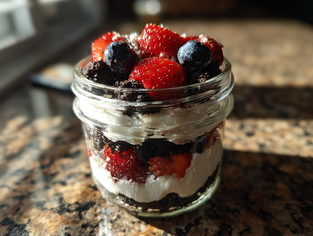 Ein Schichtdessert im Glas mit dunklen Keksbröseln, weißer Creme, Erdbeeren und Blaubeeren als Topping.