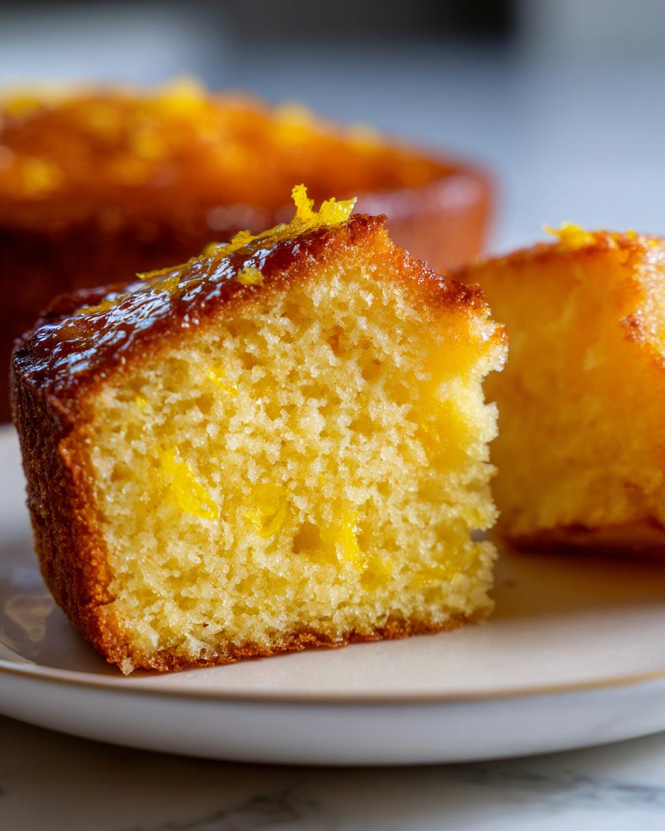 Nahaufnahme eines feuchten Stücks Zitronen-Joghurt-Kuchen mit Zuckerguss und Zitronenabrieb.