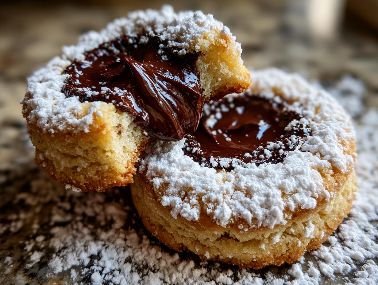Nahaufnahme von zwei Schoko-Engelsaugen, eines davon zerbrochen, mit flüssiger Schokoladenfüllung und Puderzucker.