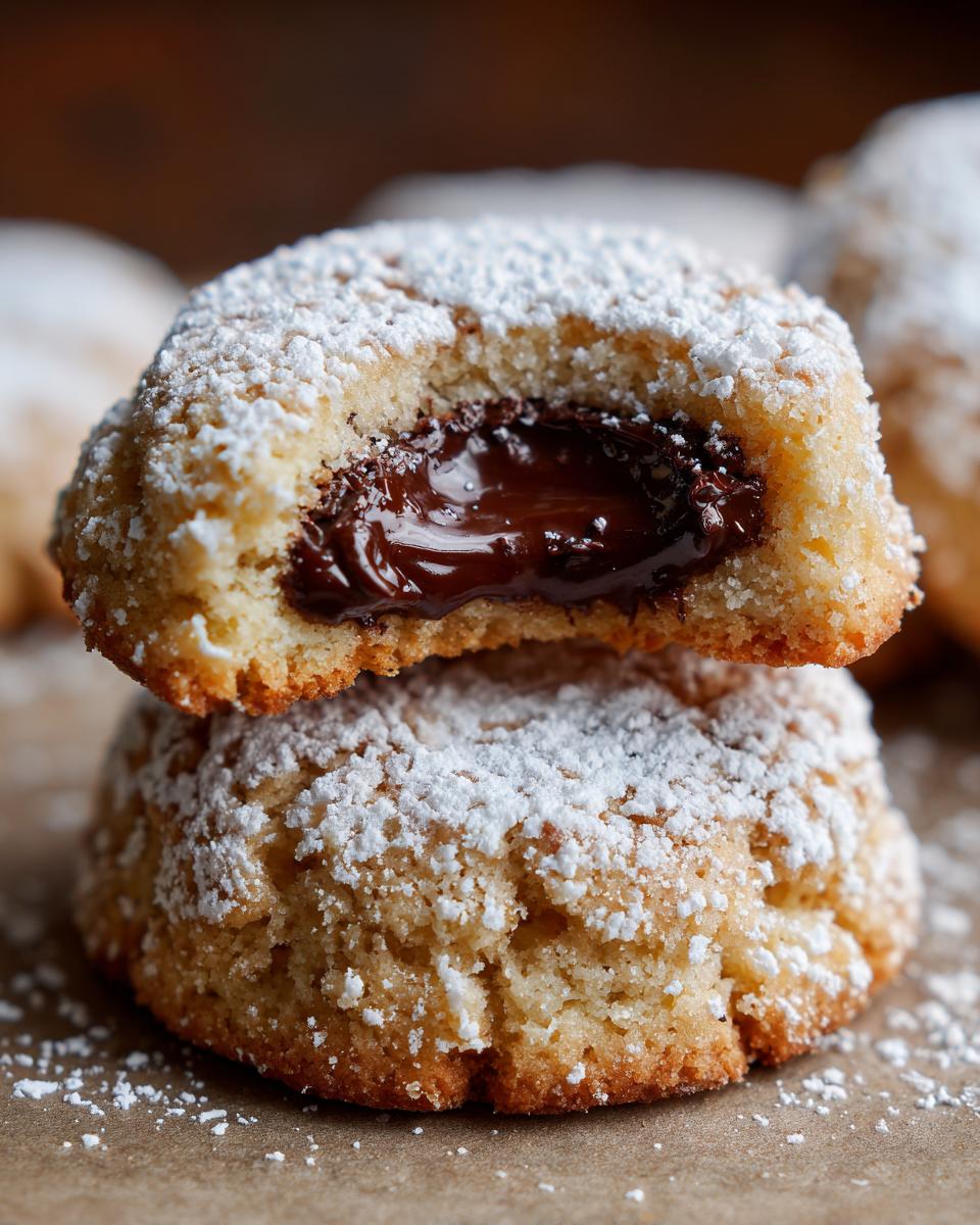 Zwei gestapelte Schoko-Engelsaugen, wobei das obere aufgeschnitten ist und eine flüssige Schokoladenfüllung zeigt.