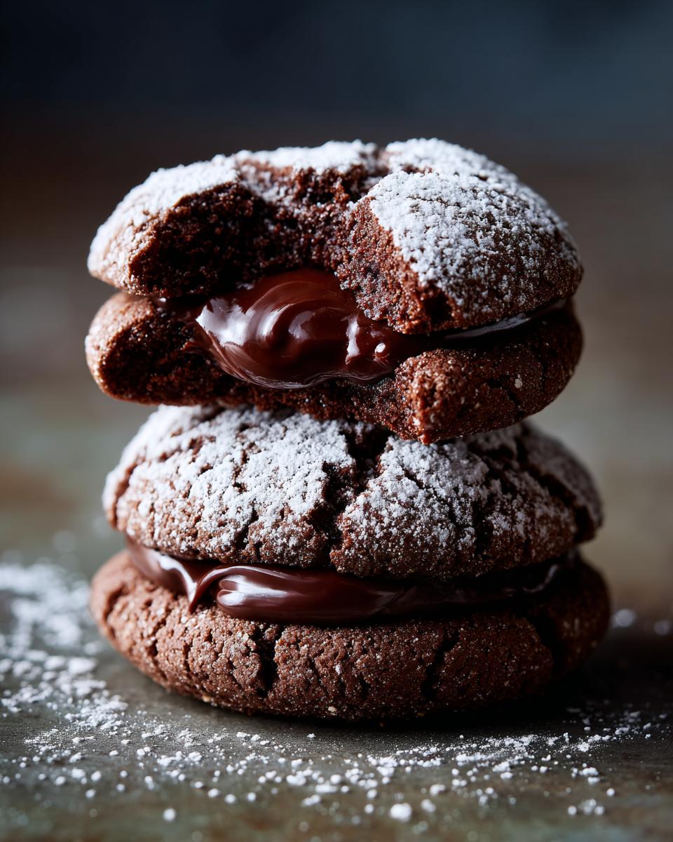 Zwei gestapelte, schokoladige Schoko-Engelsaugen, bestäubt mit Puderzucker, mit einer cremigen Schokoladenfüllung.