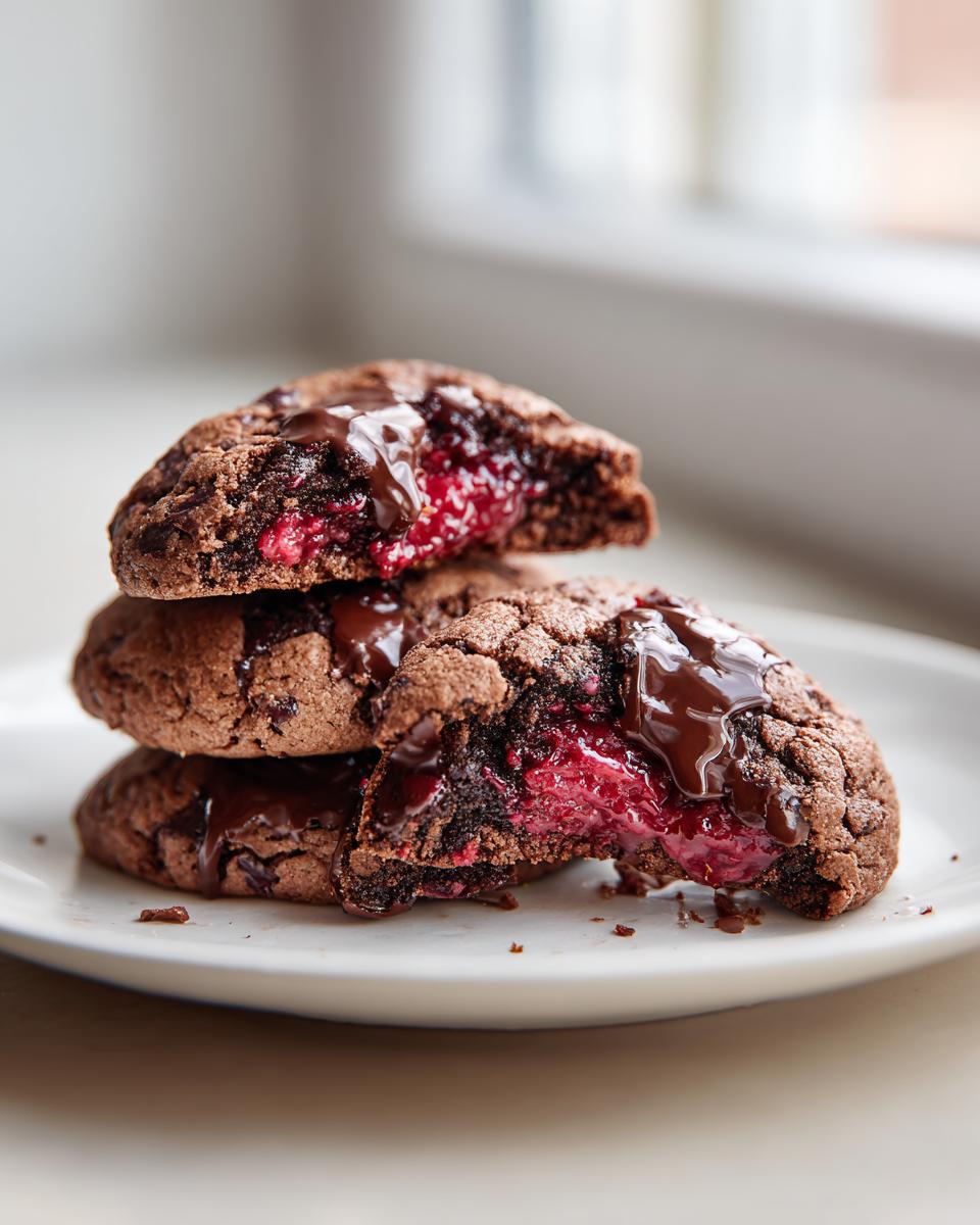 Drei gestapelte Schoko Himbeer Kekse, einer davon zerbrochen, mit flüssiger Himbeerfüllung und geschmolzener Schokolade.