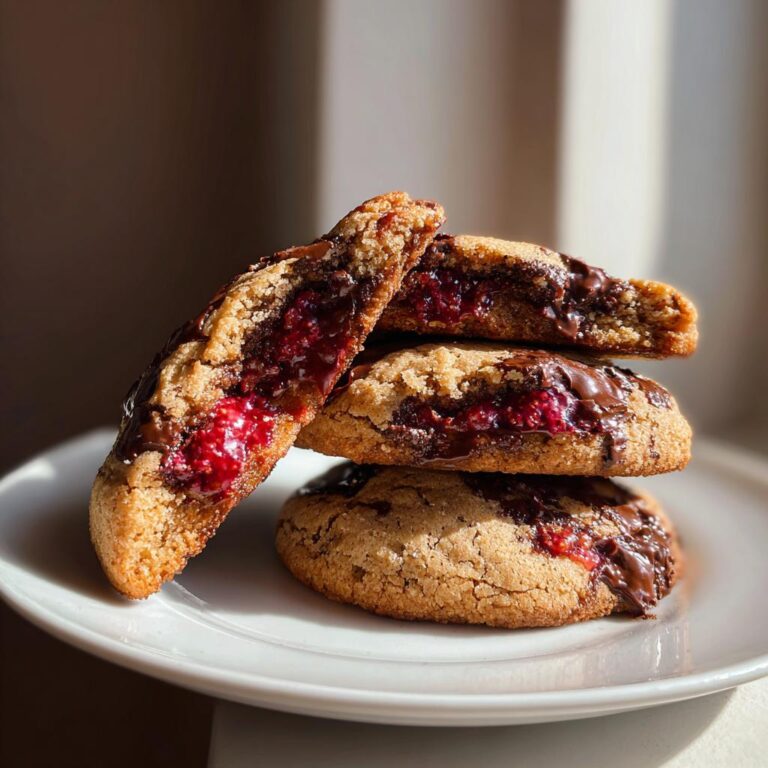 Stapel von saftigen Schoko Himbeer Kekse, einer davon aufgeschnitten, um die rote Himbeerfüllung zu zeigen.