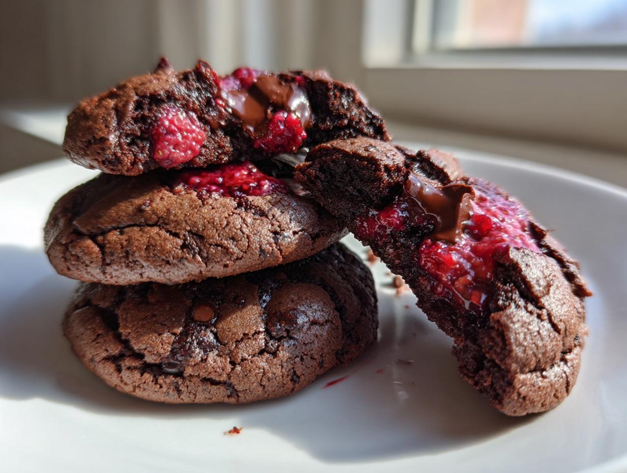 Nahaufnahme von gestapelten, weichen Schoko Himbeer Kekse mit geschmolzener Schokolade und Himbeerfüllung.