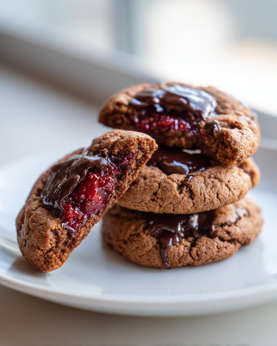 Stapel von leckeren Schoko Himbeer Kekse, einer davon zerbrochen, um die Himbeerfüllung zu zeigen.