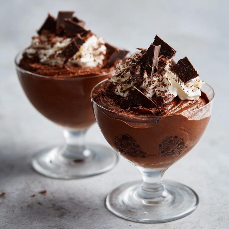 Zwei Gläser dunkles Schokoladenmousse mit Sahne und Schokostückchen, ideal für Valentinstagsrezepte für Verliebte.
