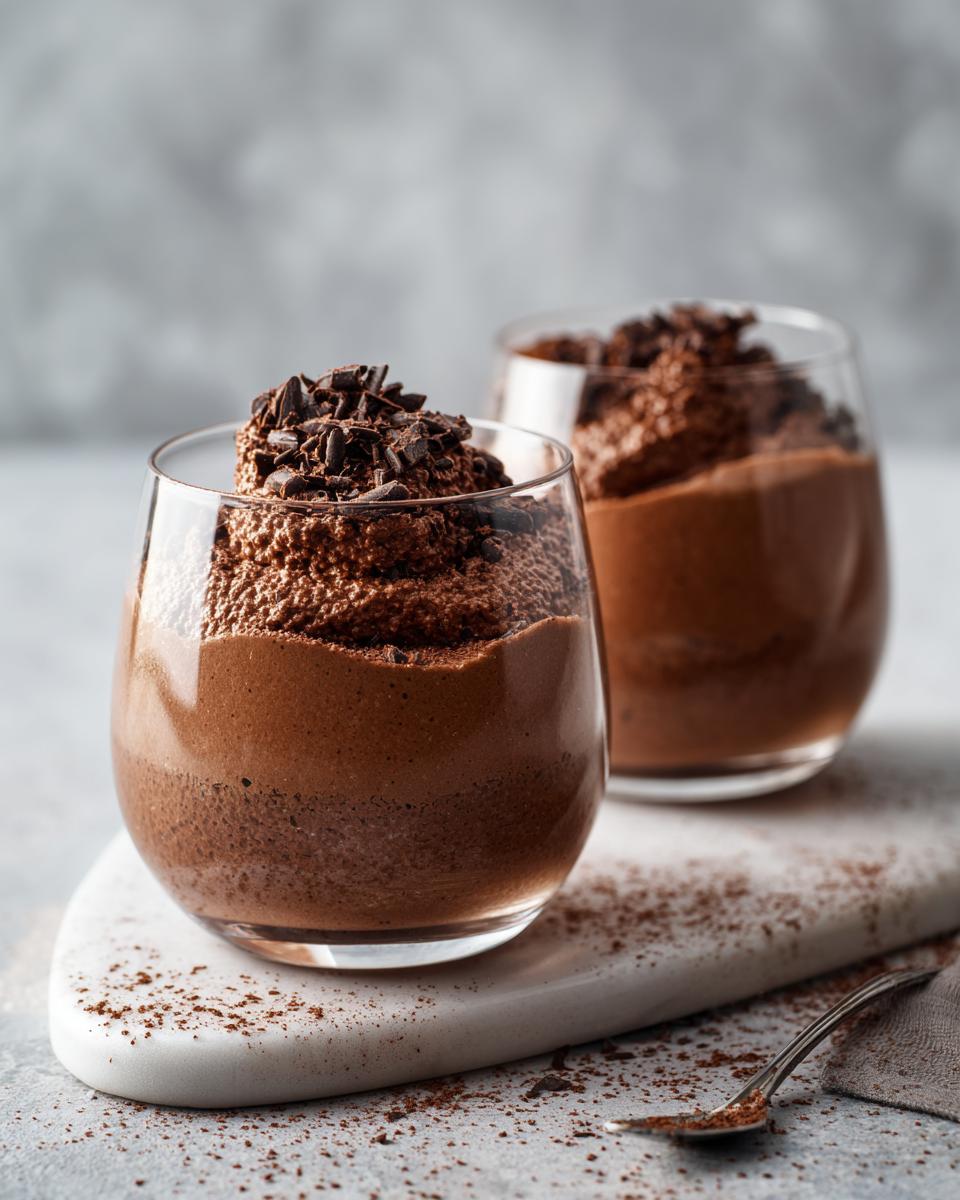 Zwei Gläser cremiges Schokoladenmousse mit Schokostreuseln, ideal für Valentinstagsrezepte für Verliebte.