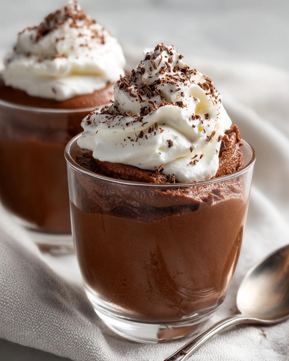 Zwei Gläser reichhaltige Schokoladenmousse mit Schlagsahne und Schokostreuseln, ideal für Valentinstagsrezepte für Verliebte.