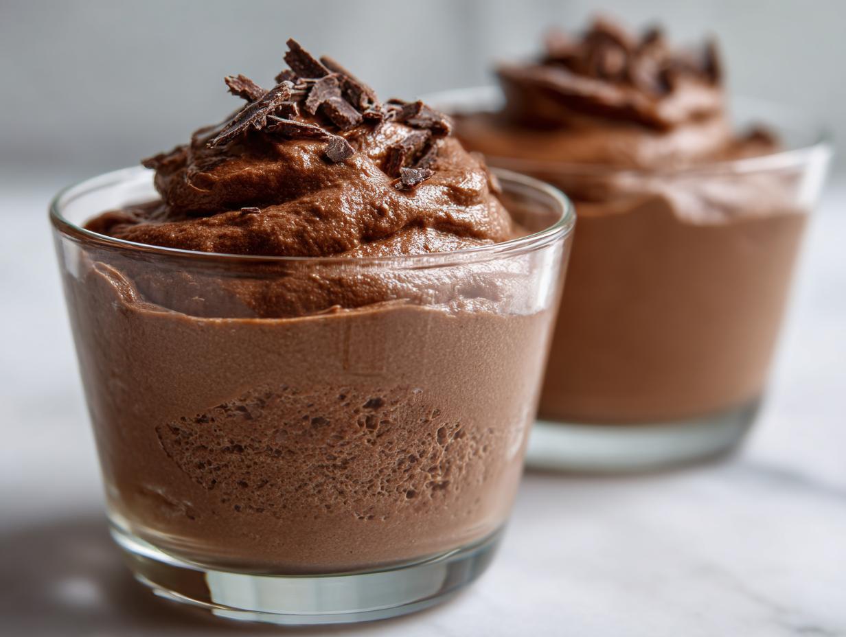 Zwei Gläser cremiges Schokoladenmousse, garniert mit Schokostreuseln, ideal für Valentinstagsrezepte für Verliebte.