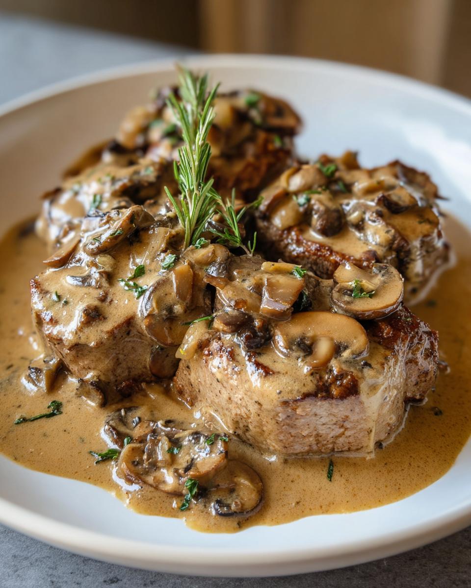 Drei Stücke Schweinefilet übergossen mit cremiger Pilz-Zwiebel-Sauce und garniert mit Rosmarin.
