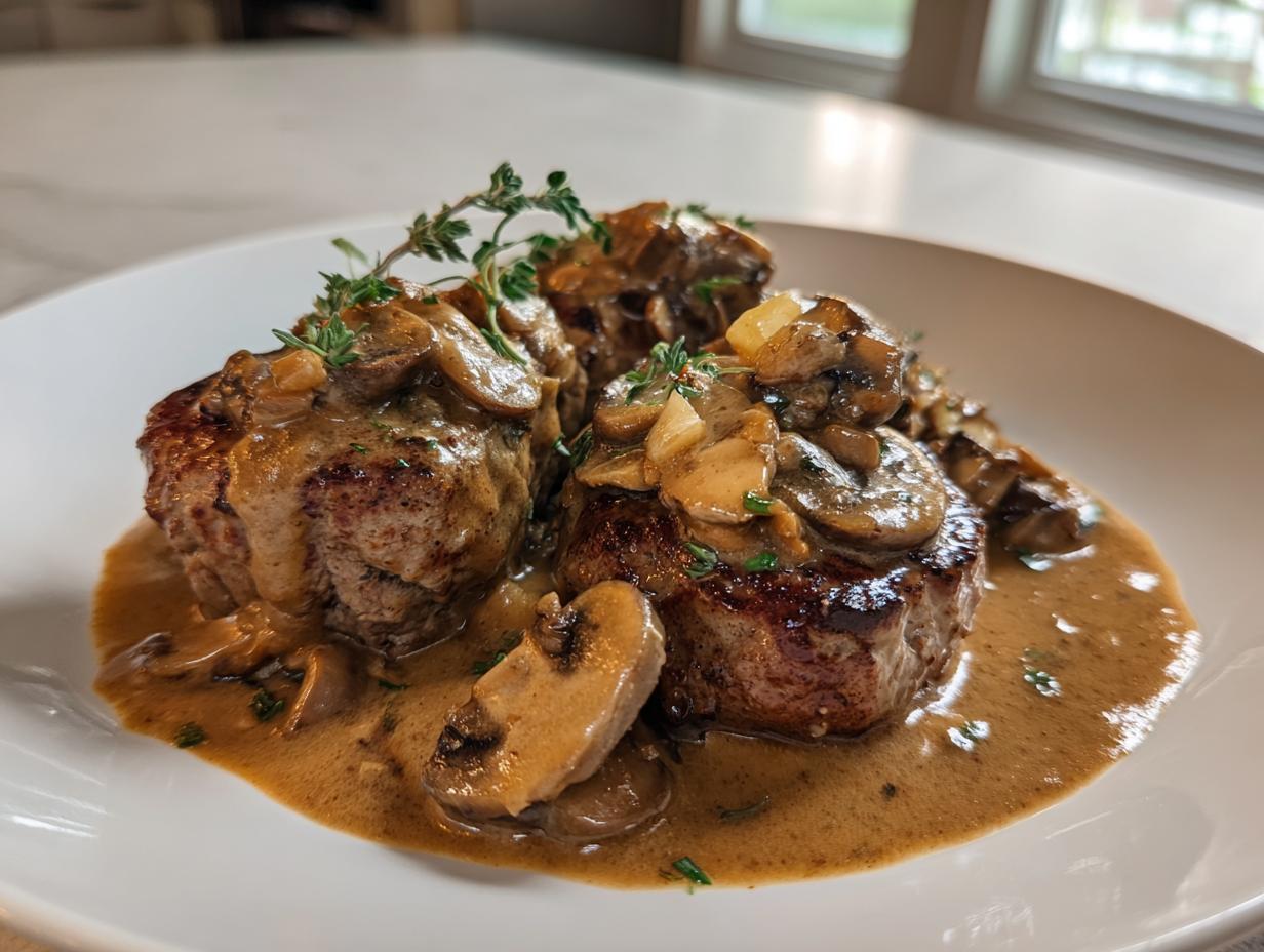 Drei saftige Stücke Schweinefilet bedeckt mit reichhaltiger Pilz-Zwiebel-Sauce und frischem Thymian.