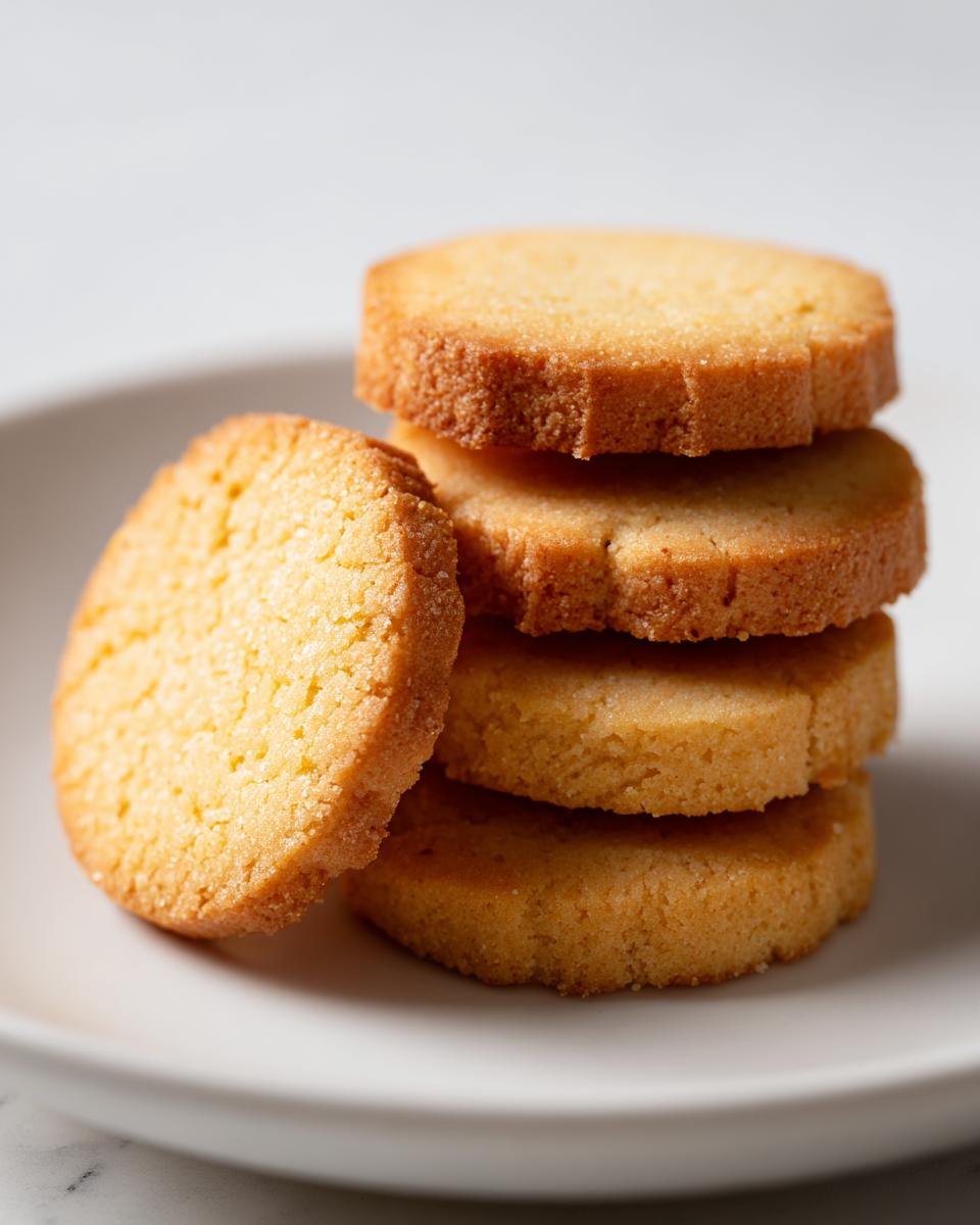 Nahaufnahme von gestapelten, runden Einfache Vanillekekse auf einem weißen Teller.