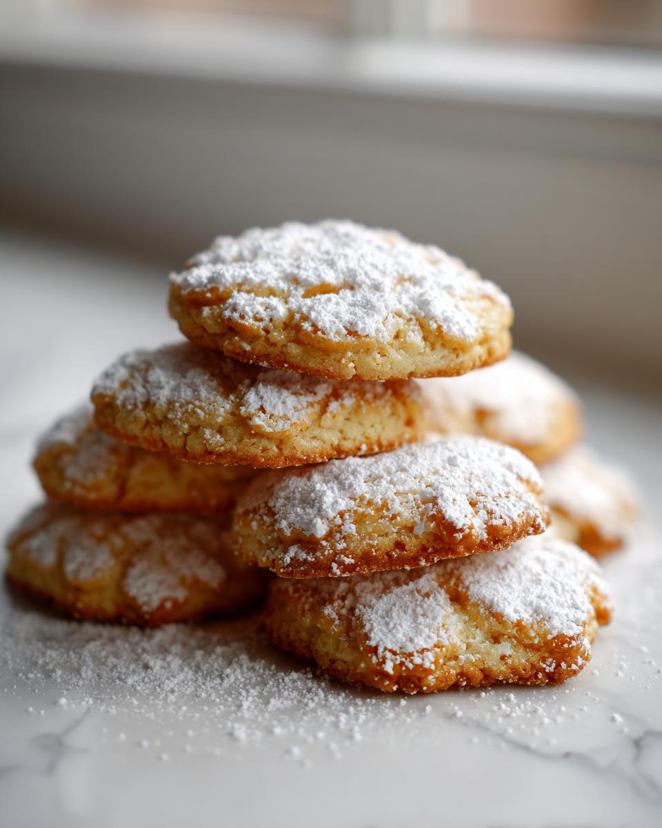 Stapel von goldbraunen Wiener Plätzchen, großzügig mit Puderzucker bestäubt, auf einer Marmoroberfläche.