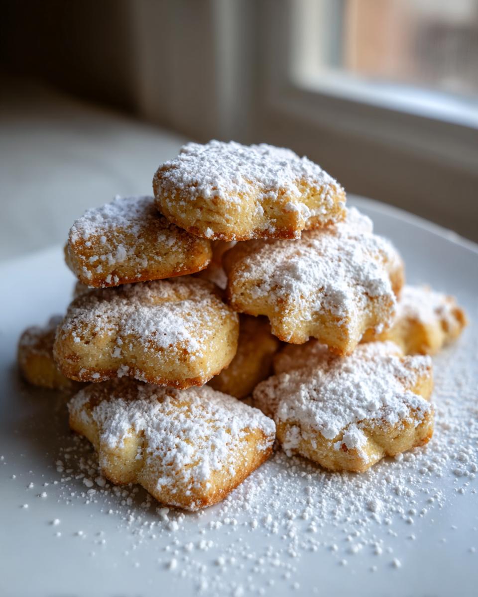 Ein Stapel goldbrauner Wiener Plätzchen, großzügig mit Puderzucker bestäubt, auf einem weißen Teller.