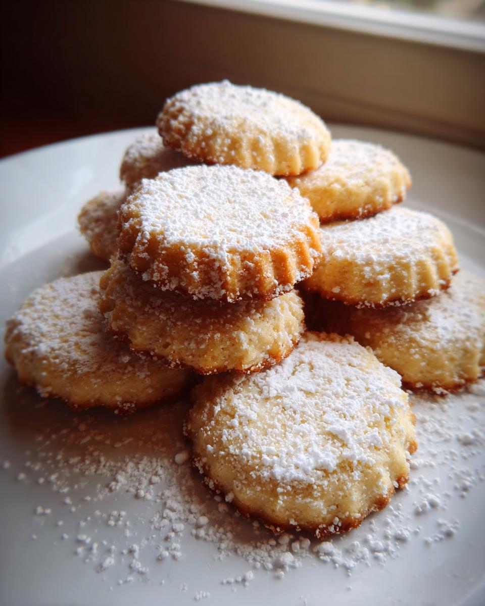 Stapel von runden, goldbraunen Wiener Plätzchen, großzügig mit Puderzucker bestäubt auf einem weißen Teller.