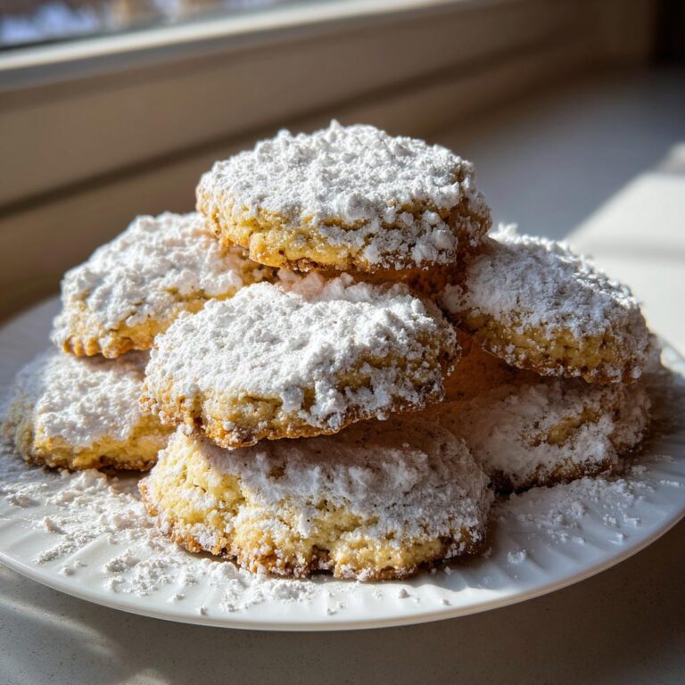 Ein Stapel goldbrauner Wiener Plätzchen, reichlich mit Puderzucker bedeckt, auf einem weißen Teller.