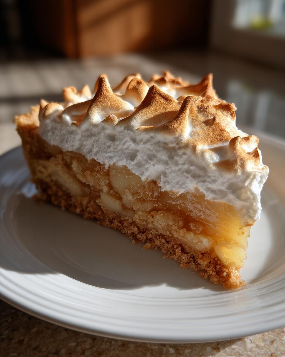 Nahaufnahme eines Stücks Nach diesem Apfel-Baiser-Torte mit knusprigem Boden und goldbraun getoasteter Baiserhaube.