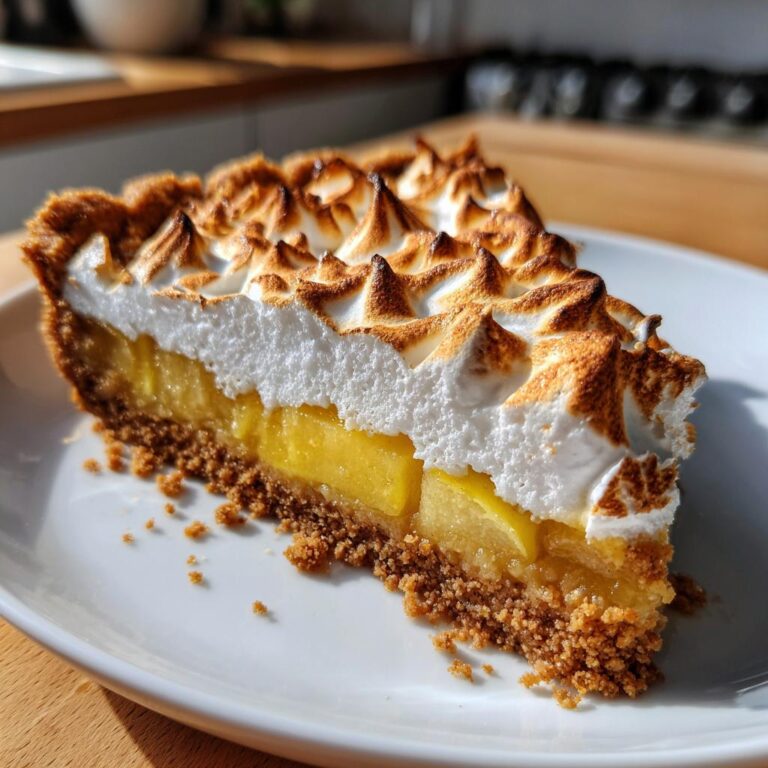 Nahaufnahme eines Stücks Apfel-Baiser-Torte mit karamellisiertem Baiser und knusprigem Boden.