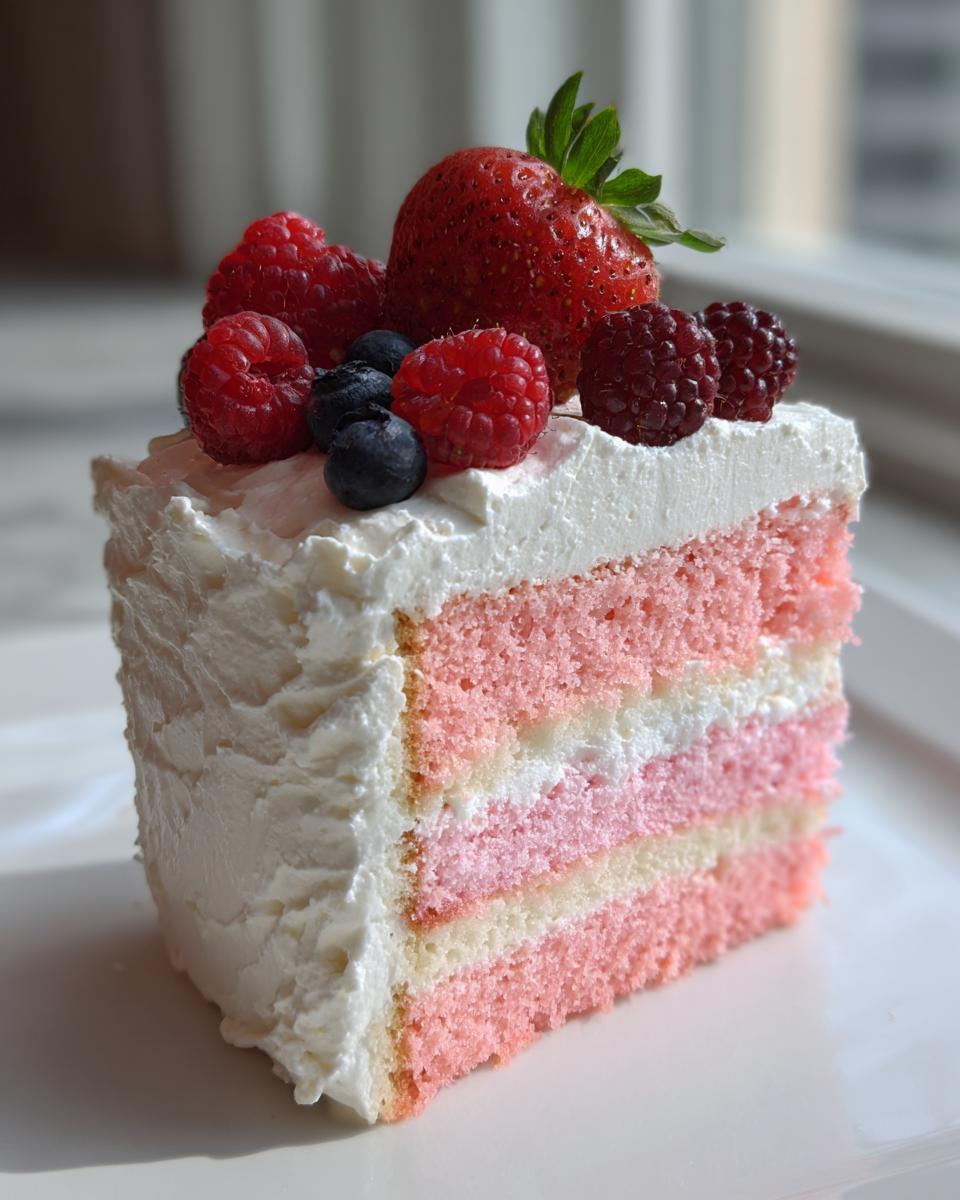 Nahaufnahme eines Stücks Flamingo-Torte mit rosa und weißen Schichten, bedeckt mit weißer Creme und frischen Beeren.