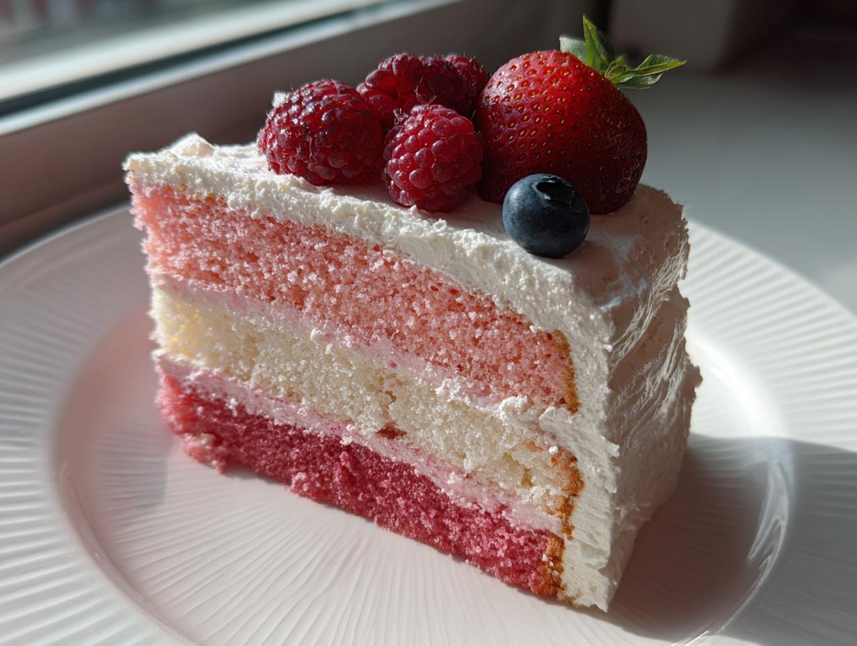 Ein Stück mehrschichtige Flamingo-Torte mit rosa und weißem Biskuit, bedeckt mit weißer Creme und frischen Himbeeren, Erdbeere und Blaubeere.