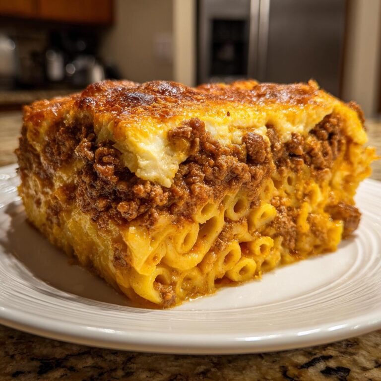 Ein großes, saftiges Stück Griechischer Nudelauflauf mit einer dicken Schicht Hackfleisch und goldbrauner Béchamelsauce.